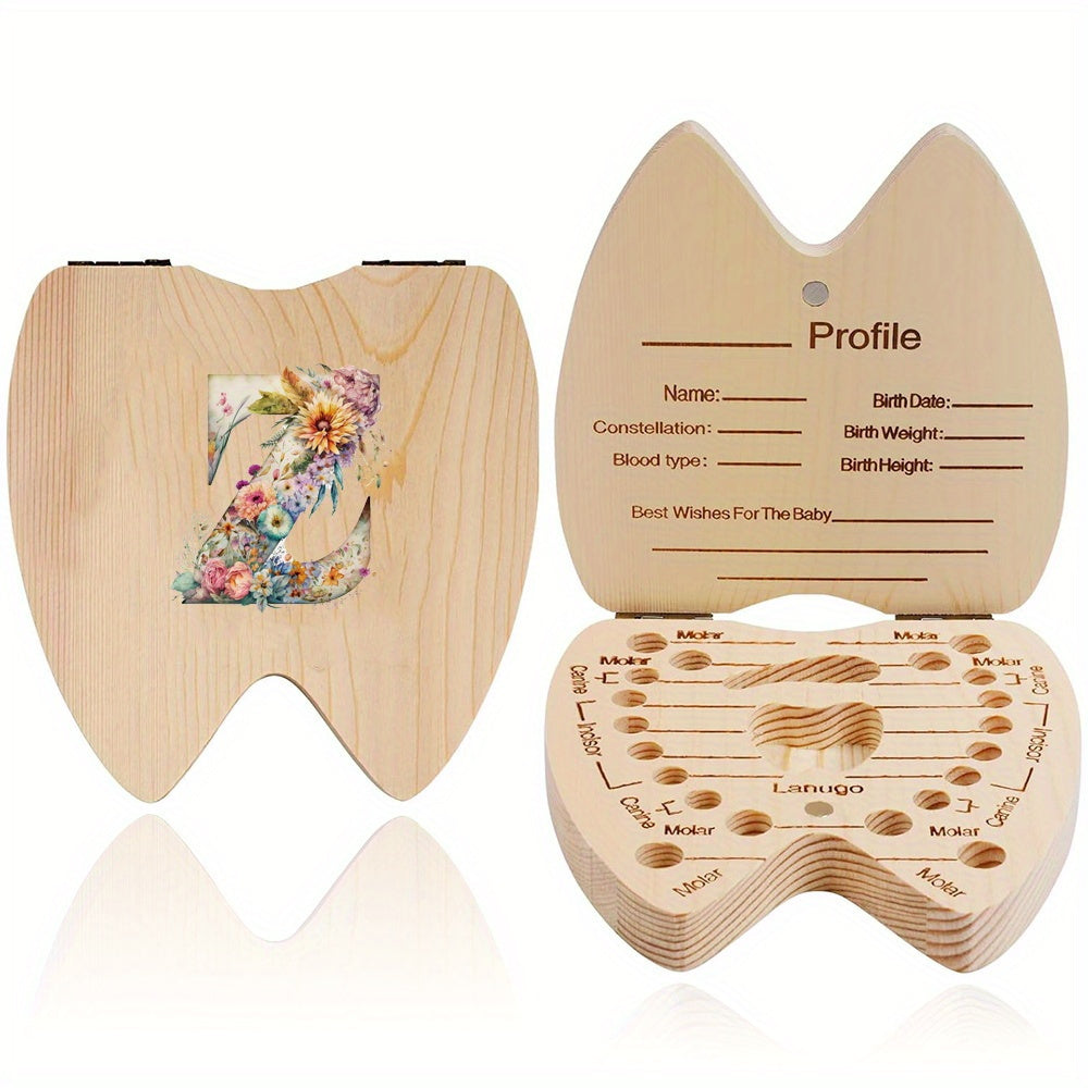 Wooden Keepsake Box for Children's Deciduous Teeth with Floral Letter Pattern