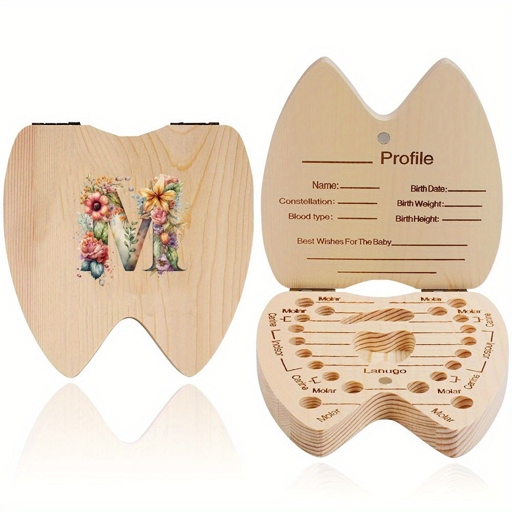 Wooden Keepsake Box for Children's Deciduous Teeth with Floral Letter Pattern