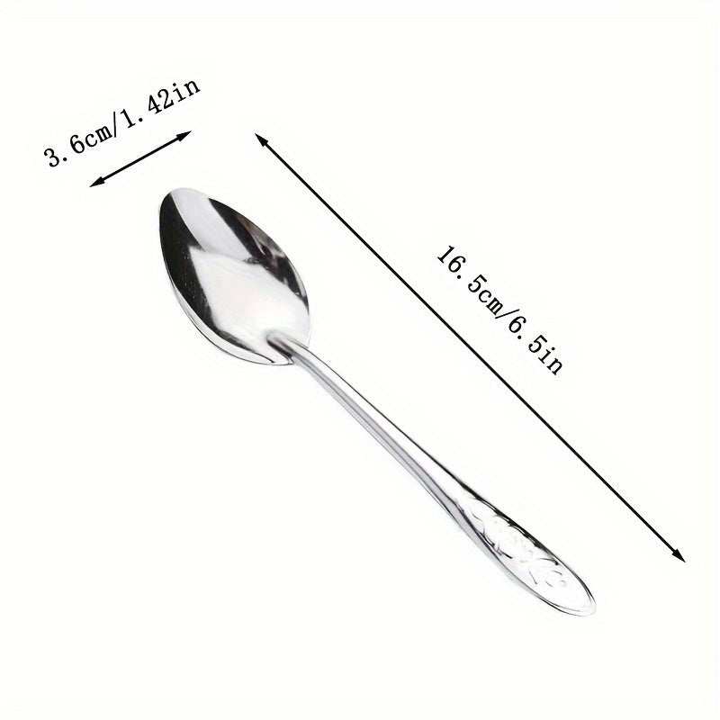 Set of 6 Stainless Steel Dessert Spoons with Rose Engravings for Coffee and Fruit