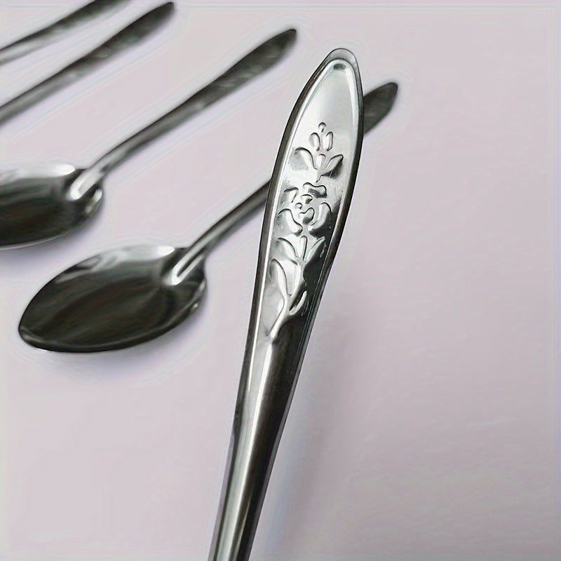 Set of 6 Stainless Steel Dessert Spoons with Rose Engravings for Coffee and Fruit