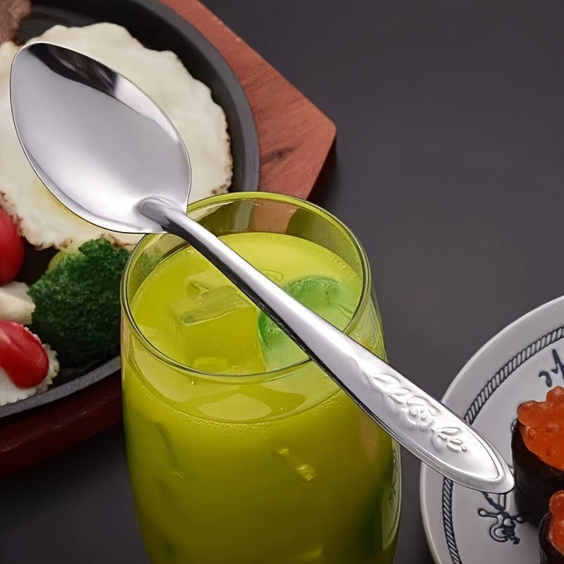 Set of 6 Stainless Steel Dessert Spoons with Rose Engravings for Coffee and Fruit