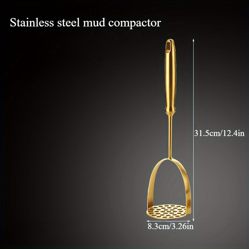 Zanglamaydigan po'latdan yasalgan qo'lda kartoshka maydalagich, sarimsoq bosgich va qovoq maydalagich bilan.