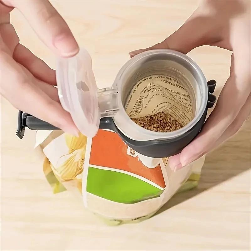 Pinza de cocina multiusos con boquilla vertedora para almacenamiento y sellado de alimentos