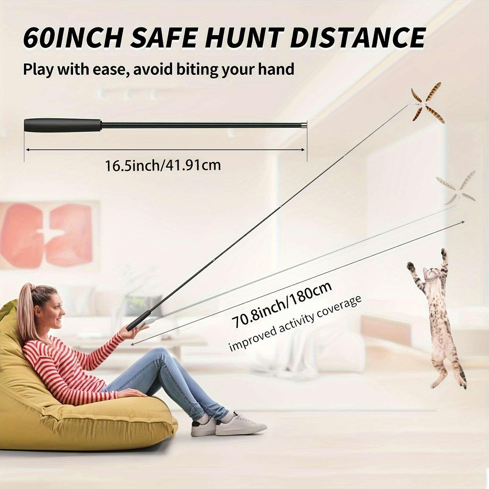180cm Retractable Cat Teaser Wand with Feather Toy, Telescopic, Plastic