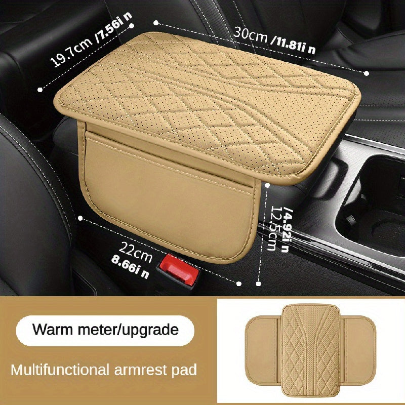 PU Leather Car Armrest Cushion with Ventilation Holes and Side Pockets
