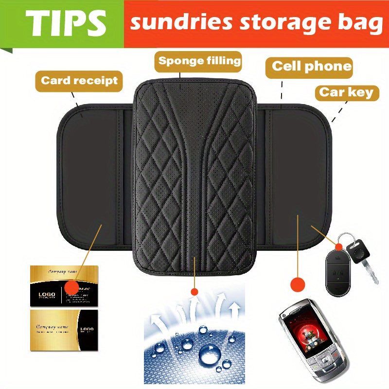 PU Leather Car Armrest Cushion with Ventilation Holes and Side Pockets