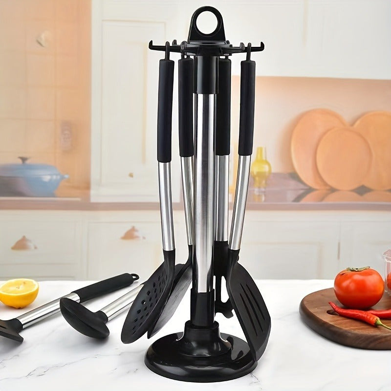 Rotating Kitchen Utensil Holder with 6 Hooks, Space-Saving, No Drilling Needed