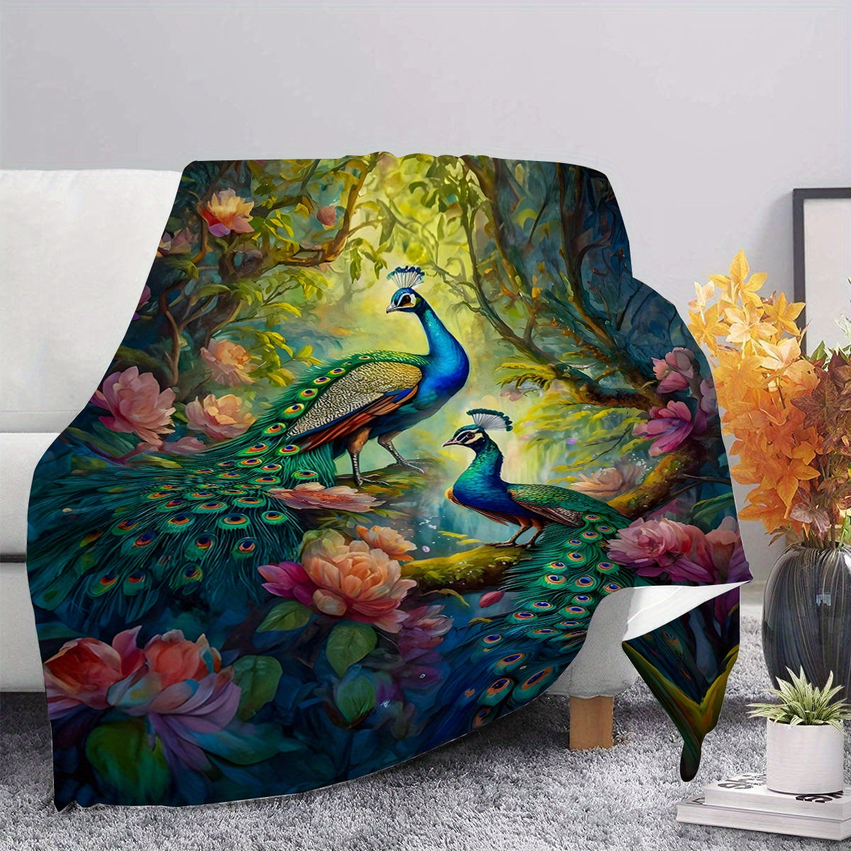 Peacock Pattern Flannel Throw Blanket Soft Warm Comfortable for Couch Bed Office