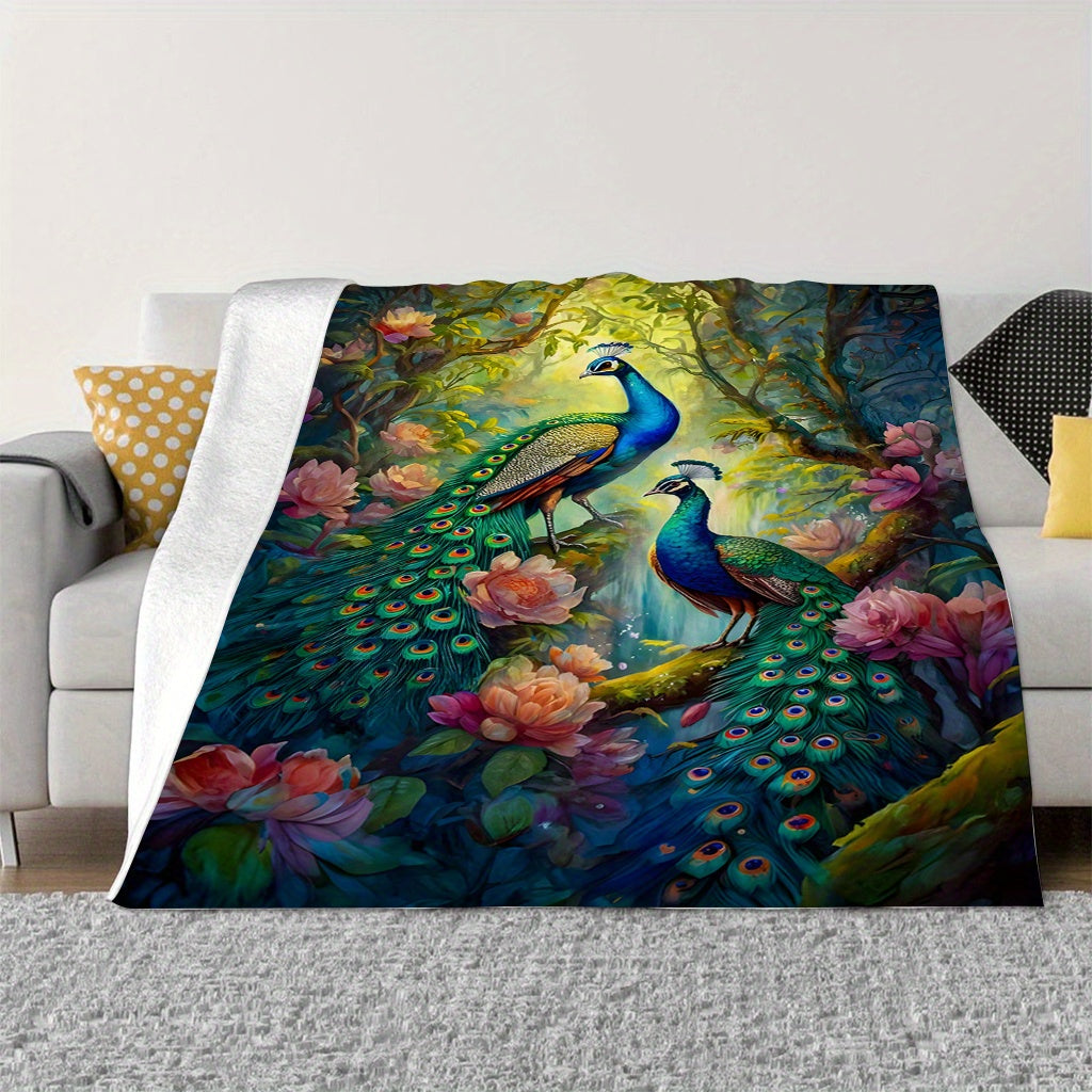 Peacock Pattern Flannel Throw Blanket Soft Warm Comfortable for Couch Bed Office