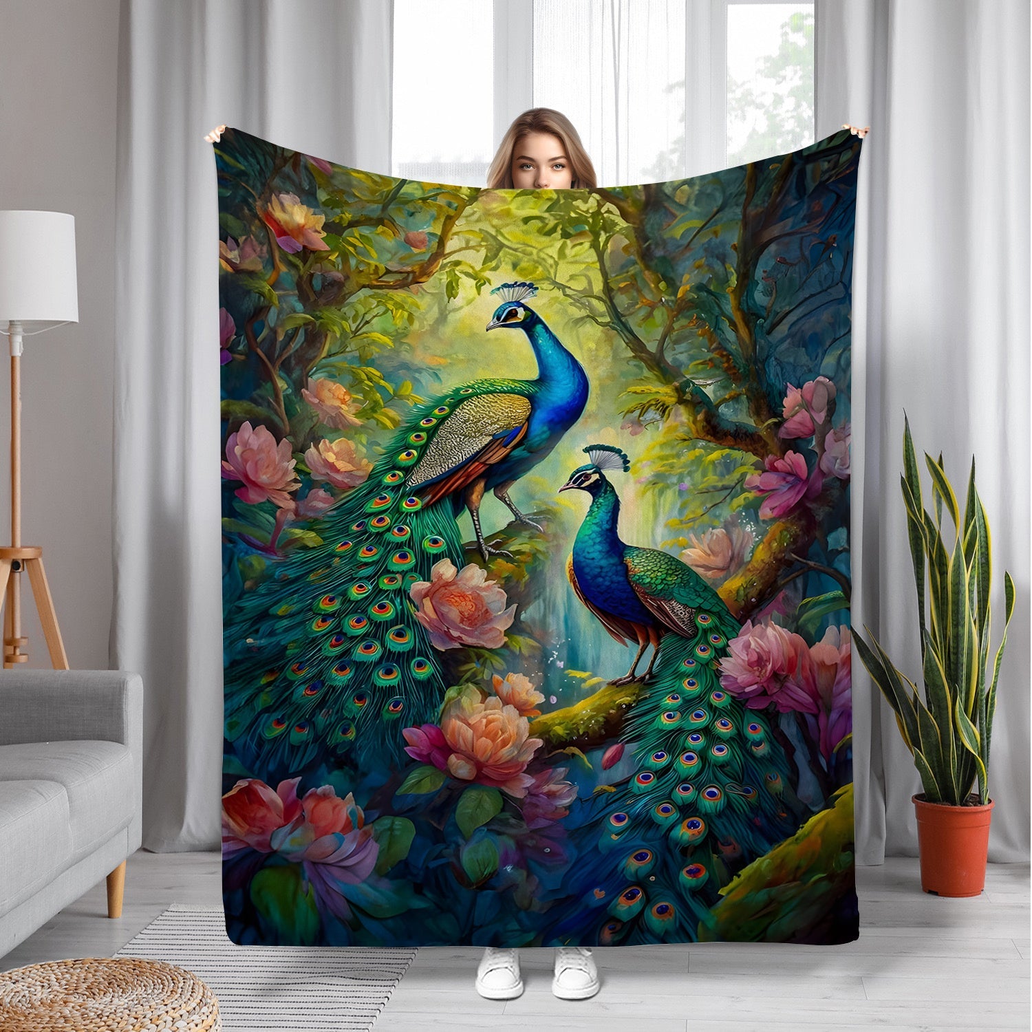 Peacock Pattern Flannel Throw Blanket Soft Warm Comfortable for Couch Bed Office