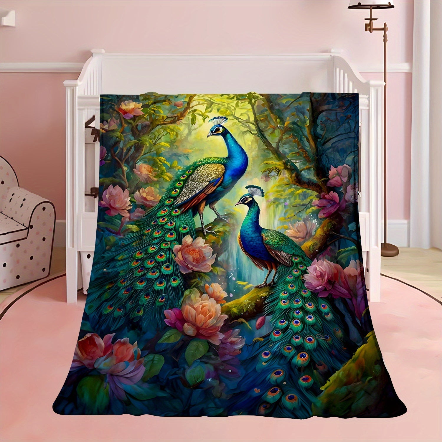 Peacock Pattern Flannel Throw Blanket Soft Warm Comfortable for Couch Bed Office