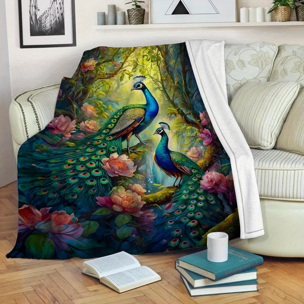 Peacock Pattern Flannel Throw Blanket Soft Warm Comfortable for Couch Bed Office