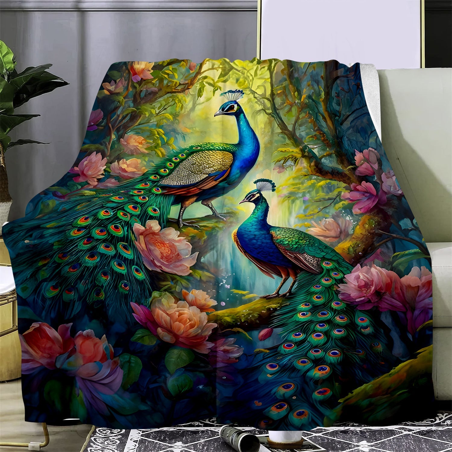 Peacock Pattern Flannel Throw Blanket Soft Warm Comfortable for Couch Bed Office