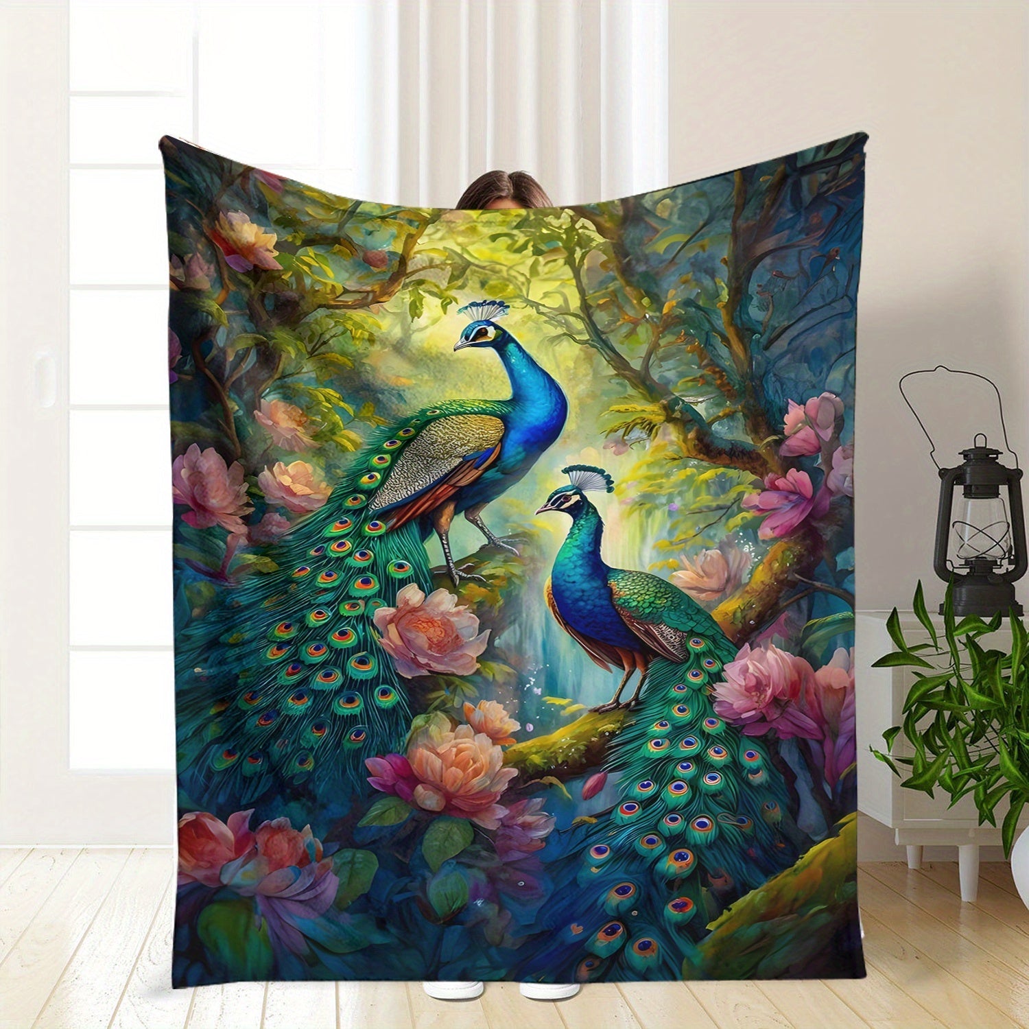 Peacock Pattern Flannel Throw Blanket Soft Warm Comfortable for Couch Bed Office