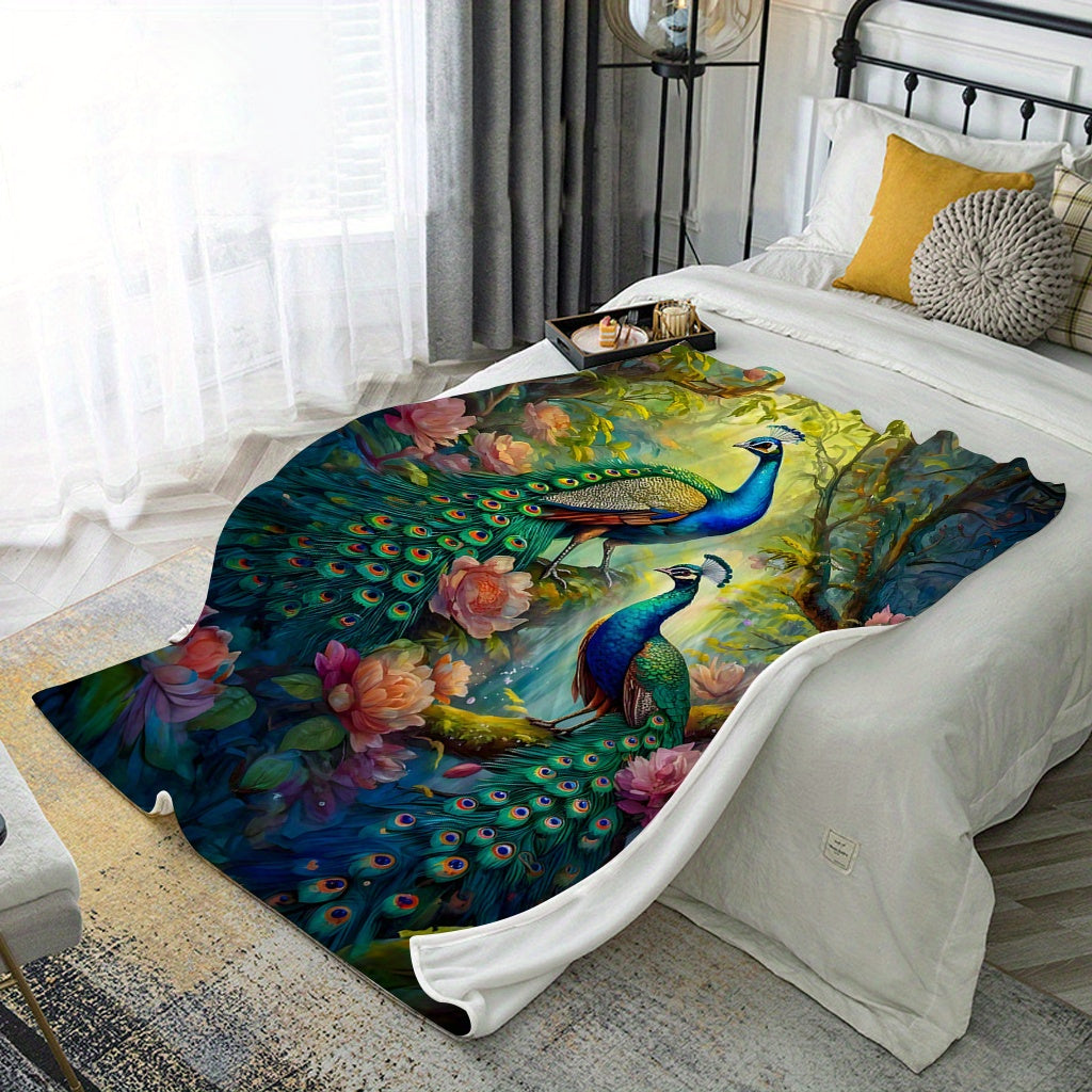 Peacock Pattern Flannel Throw Blanket Soft Warm Comfortable for Couch Bed Office