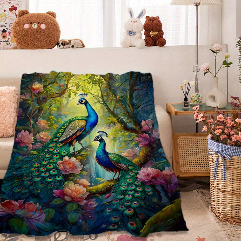 Peacock Pattern Flannel Throw Blanket Soft Warm Comfortable for Couch Bed Office
