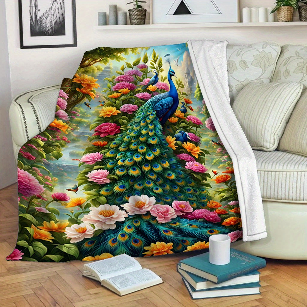 Lightweight Polyester Flannel Blanket with Peacock Digital Print for Sofa Bed Travel