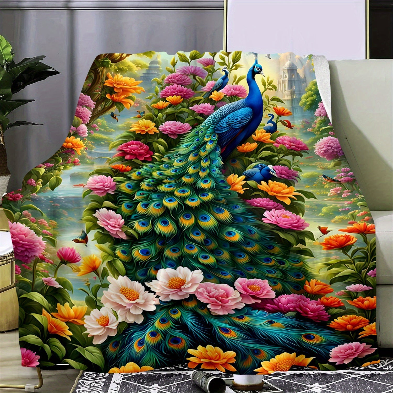 Lightweight Polyester Flannel Blanket with Peacock Digital Print for Sofa Bed Travel