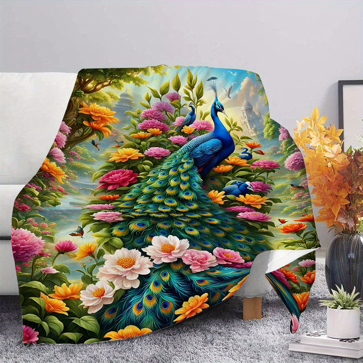 Lightweight Polyester Flannel Blanket with Peacock Digital Print for Sofa Bed Travel