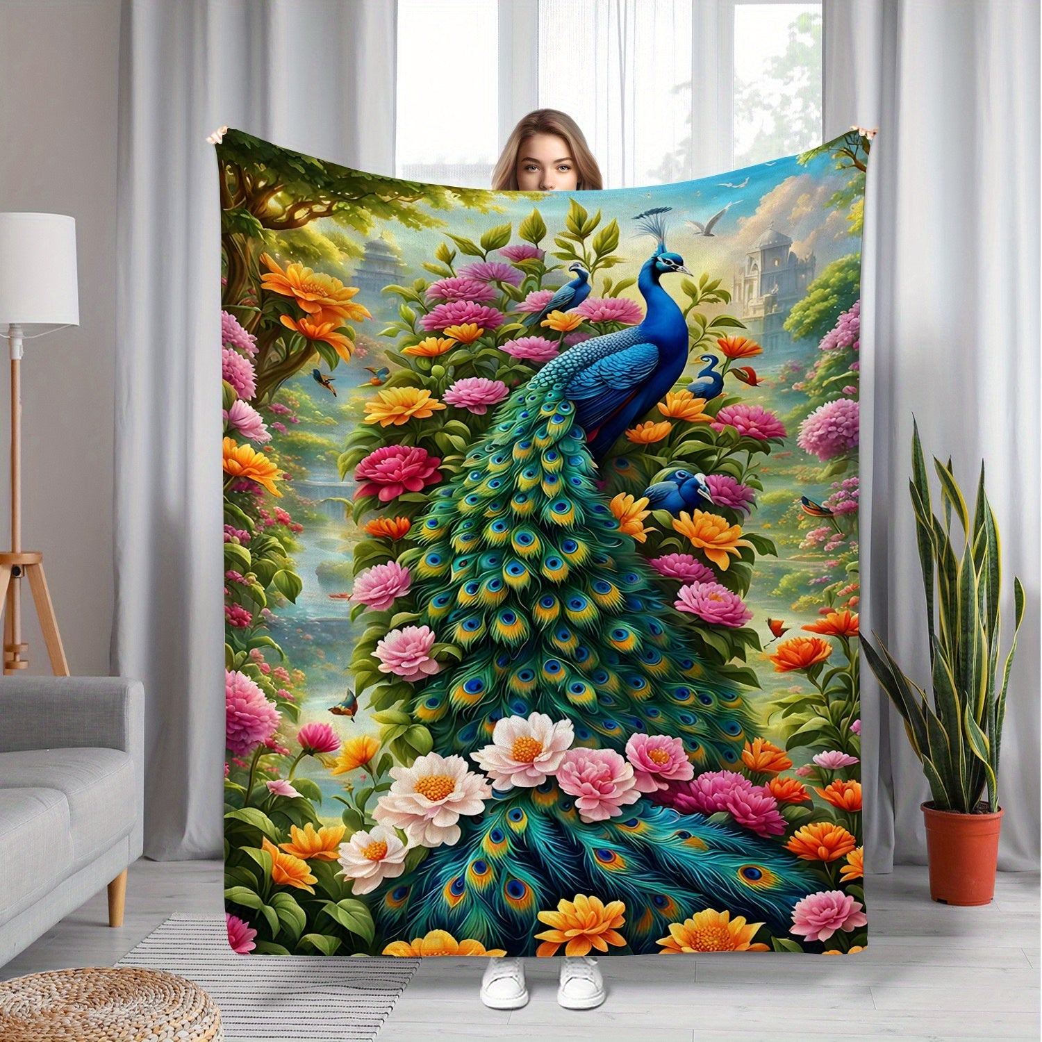 Lightweight Polyester Flannel Blanket with Peacock Digital Print for Sofa Bed Travel