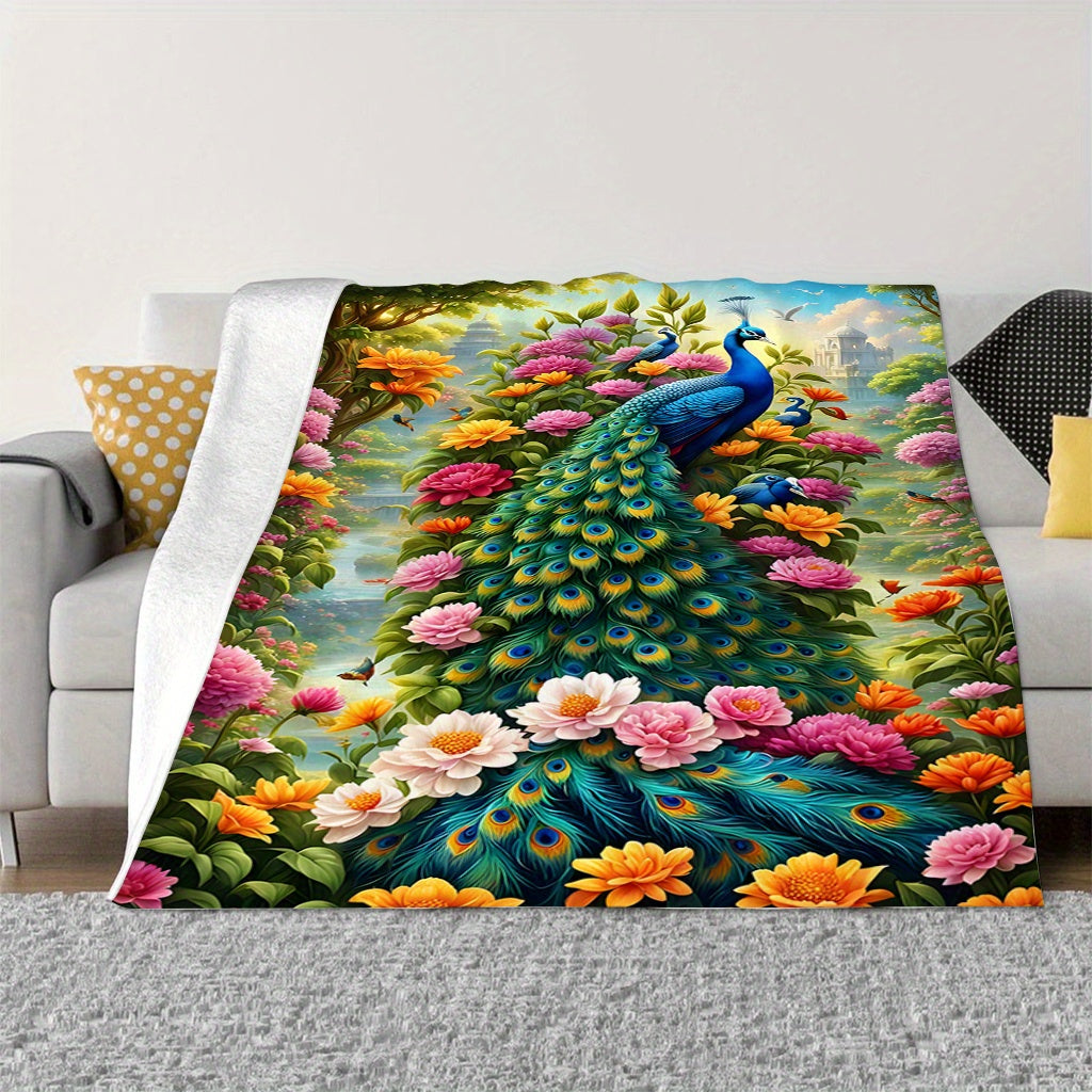 Lightweight Polyester Flannel Blanket with Peacock Digital Print for Sofa Bed Travel