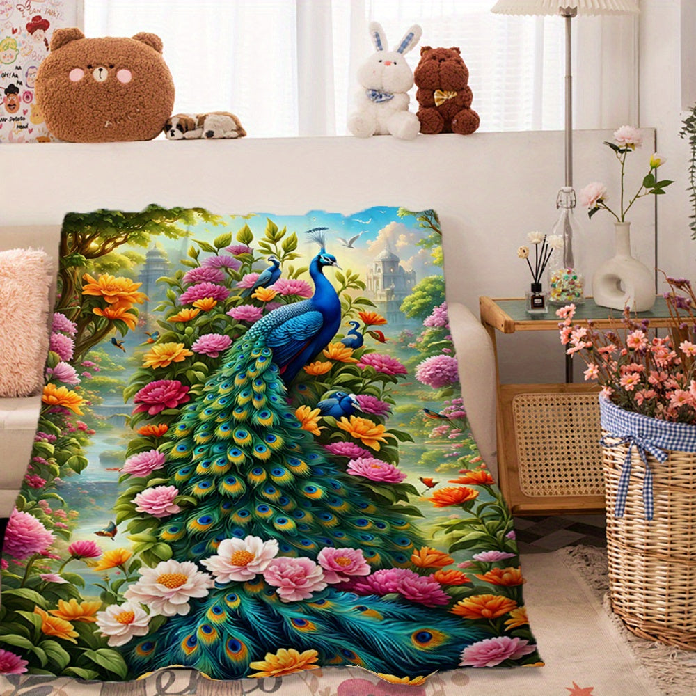 Lightweight Polyester Flannel Blanket with Peacock Digital Print for Sofa Bed Travel