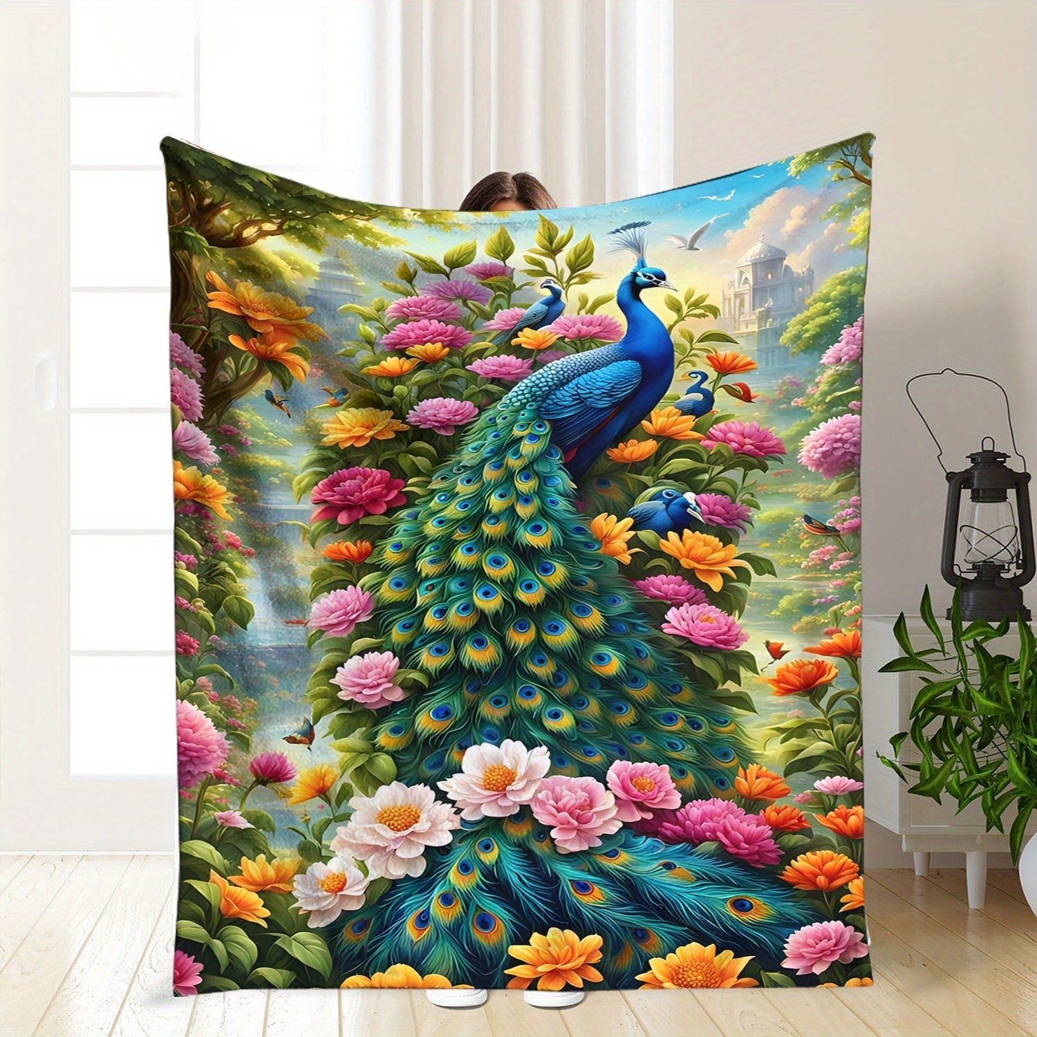 Lightweight Polyester Flannel Blanket with Peacock Digital Print for Sofa Bed Travel