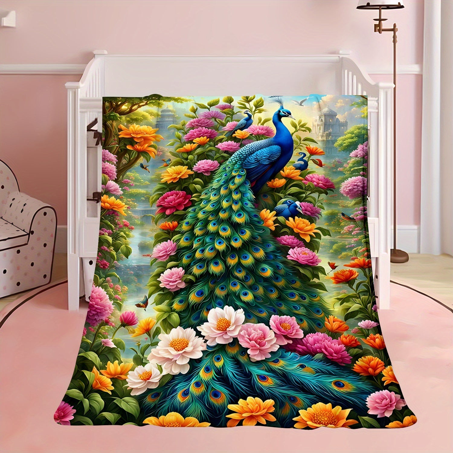 Lightweight Polyester Flannel Blanket with Peacock Digital Print for Sofa Bed Travel