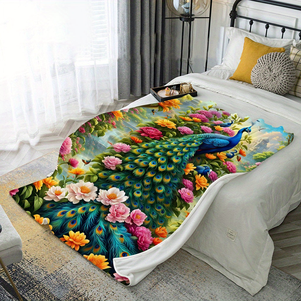 Lightweight Polyester Flannel Blanket with Peacock Digital Print for Sofa Bed Travel