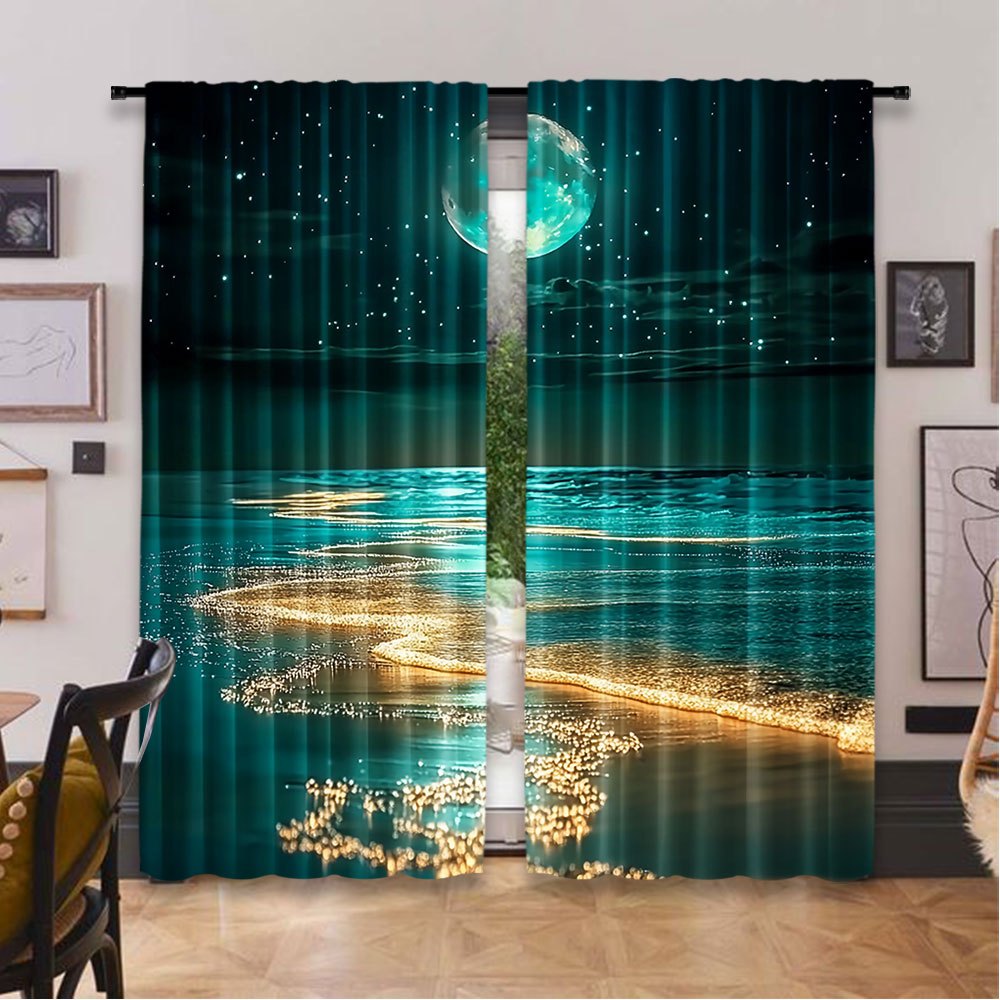 Modern Moonlit Beach Scene Blackout Curtains 2Pcs Polyester Rod Pocket 75x166cm