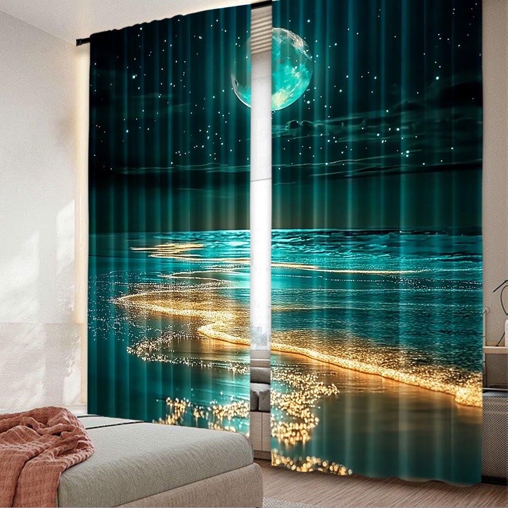 Modern Moonlit Beach Scene Blackout Curtains 2Pcs Polyester Rod Pocket 75x166cm