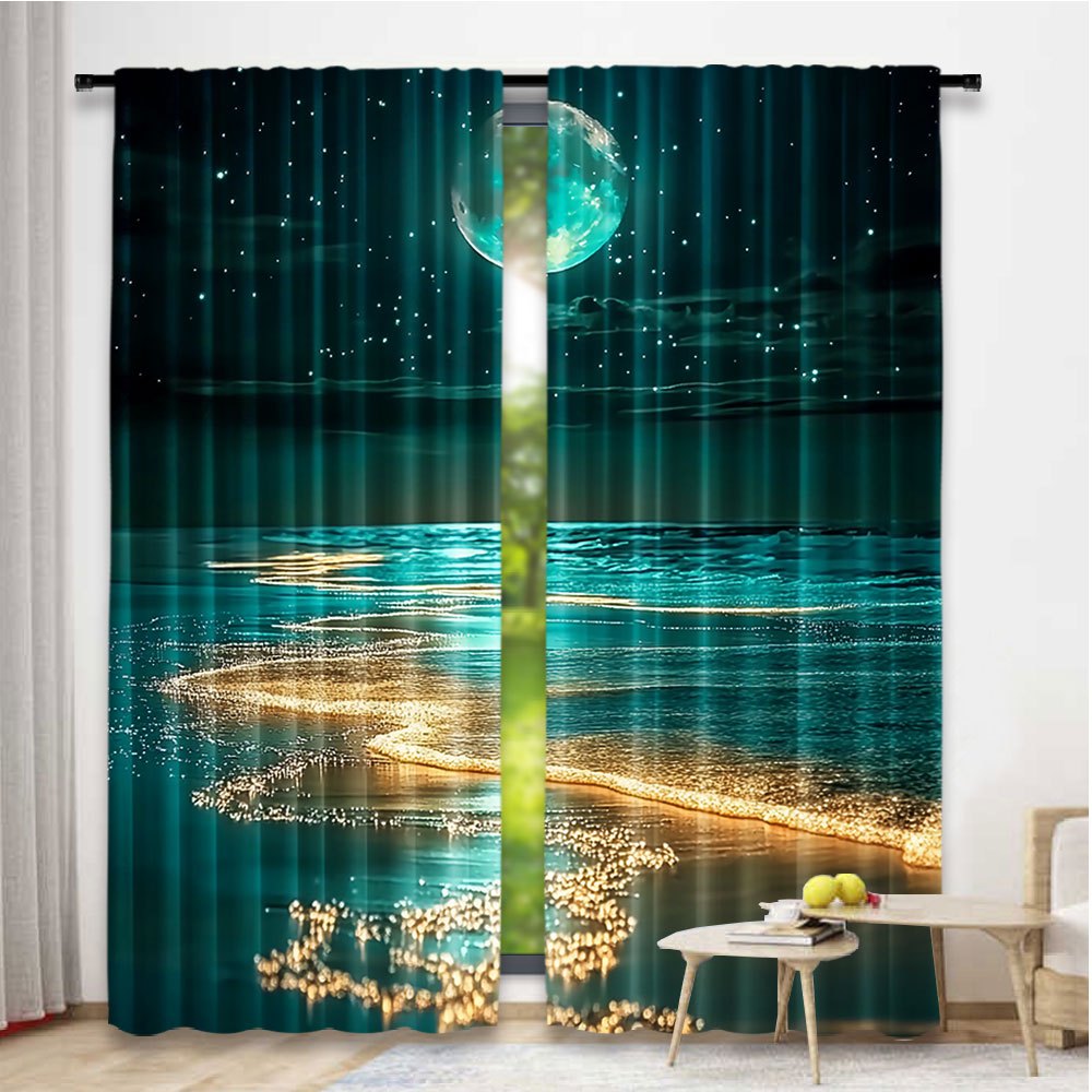 Modern Moonlit Beach Scene Blackout Curtains 2Pcs Polyester Rod Pocket 75x166cm