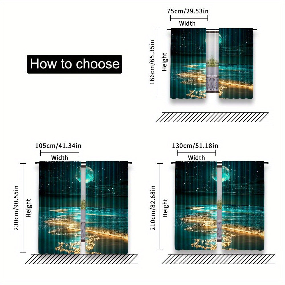 Modern Moonlit Beach Scene Blackout Curtains 2Pcs Polyester Rod Pocket 75x166cm