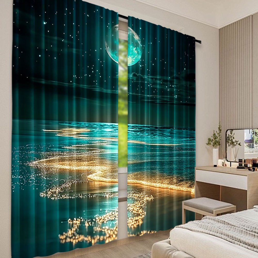 Modern Moonlit Beach Scene Blackout Curtains 2Pcs Polyester Rod Pocket 75x166cm