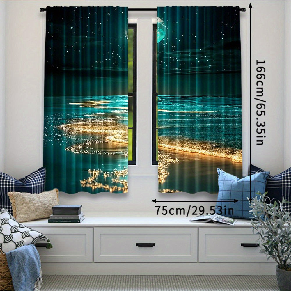 Modern Moonlit Beach Scene Blackout Curtains 2Pcs Polyester Rod Pocket 75x166cm
