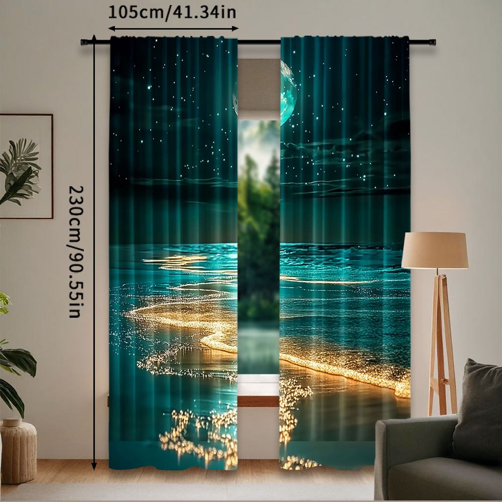 Modern Moonlit Beach Scene Blackout Curtains 2Pcs Polyester Rod Pocket 75x166cm