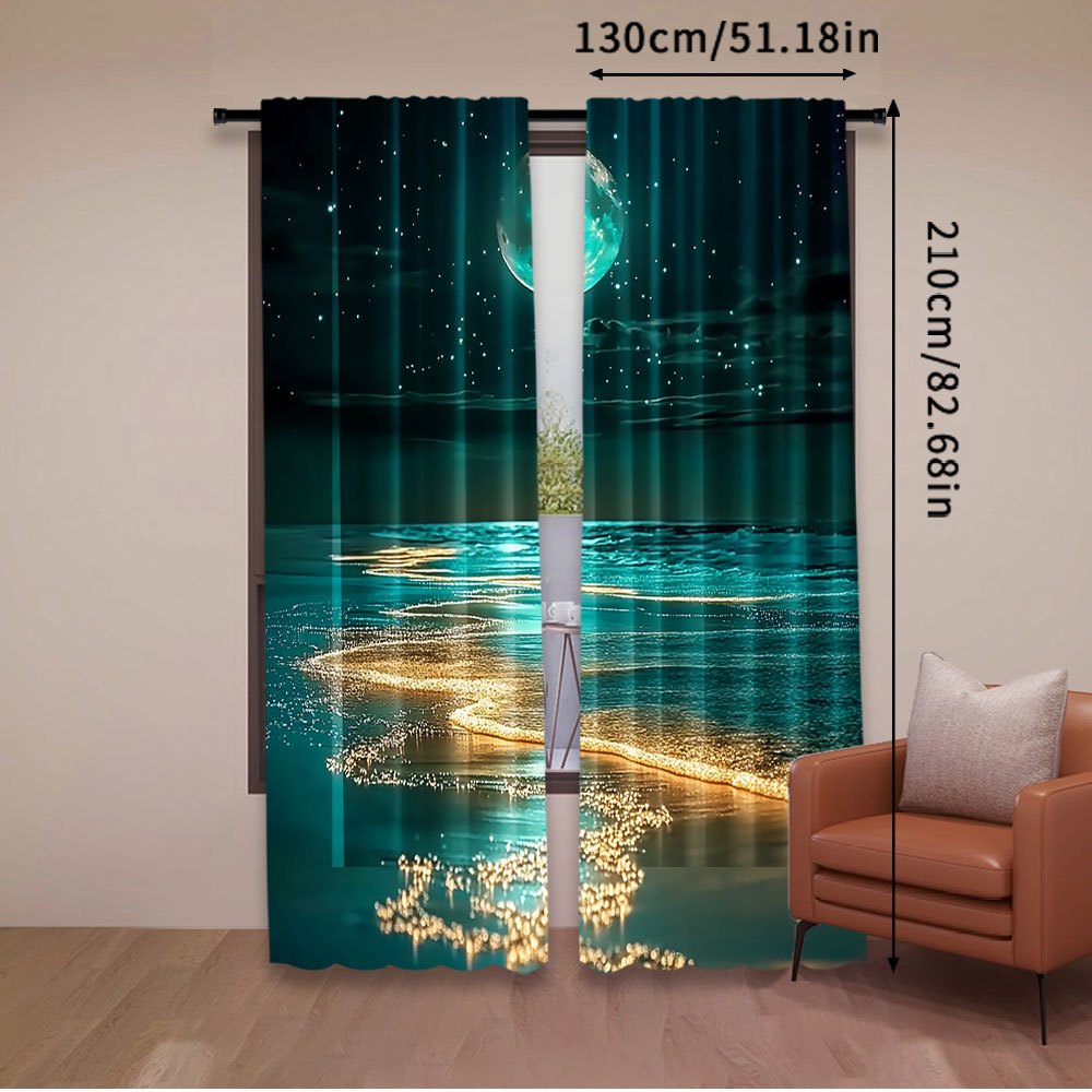 Modern Moonlit Beach Scene Blackout Curtains 2Pcs Polyester Rod Pocket 75x166cm