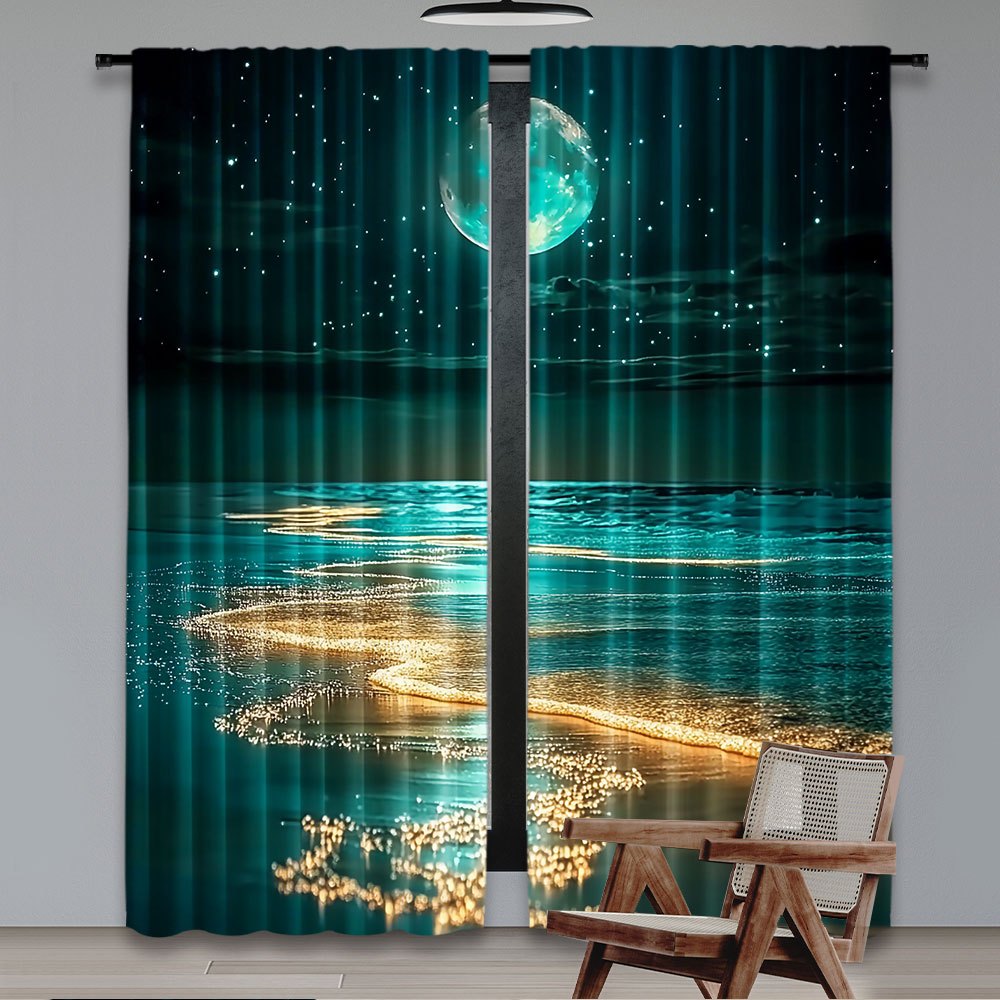 Modern Moonlit Beach Scene Blackout Curtains 2Pcs Polyester Rod Pocket 75x166cm
