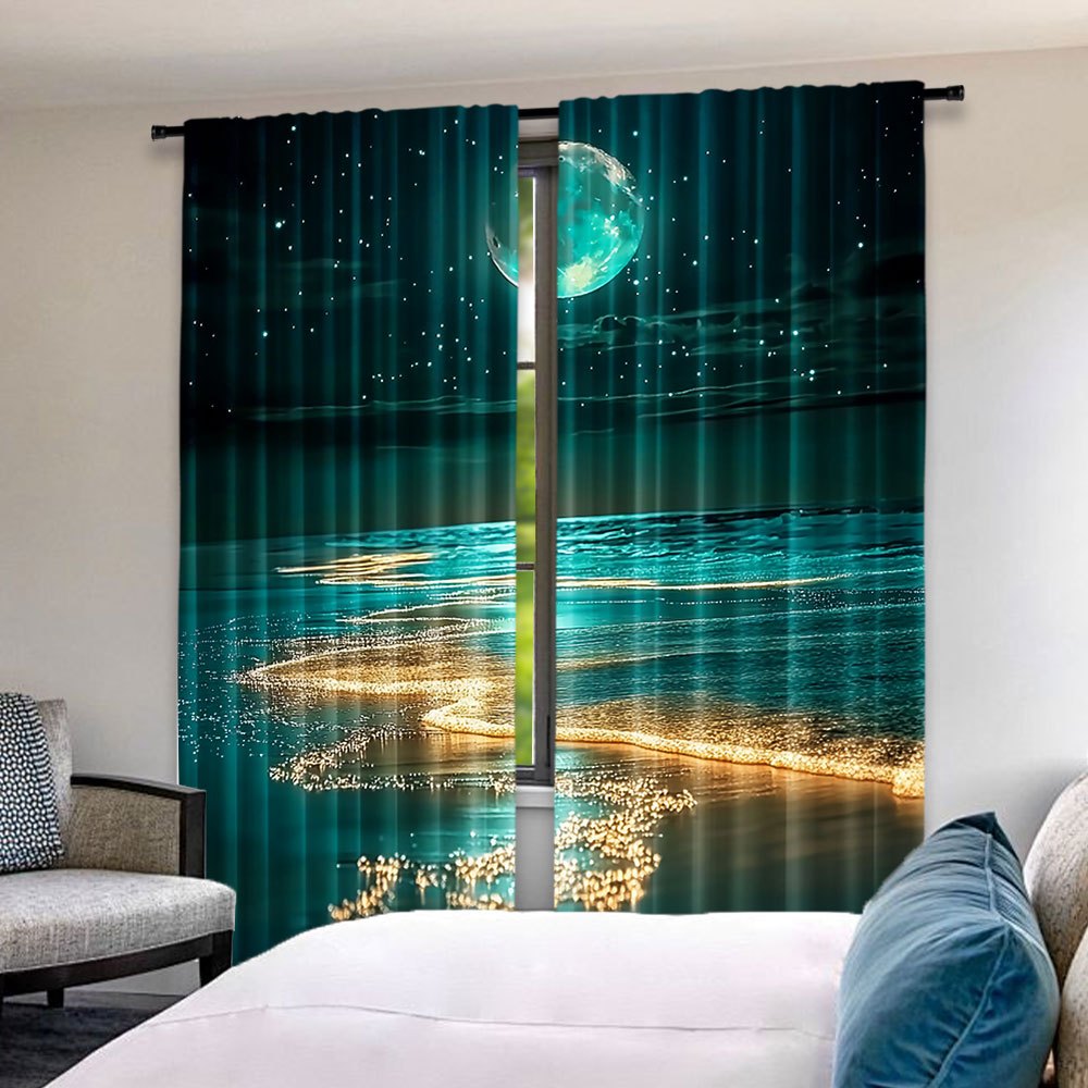 Modern Moonlit Beach Scene Blackout Curtains 2Pcs Polyester Rod Pocket 75x166cm