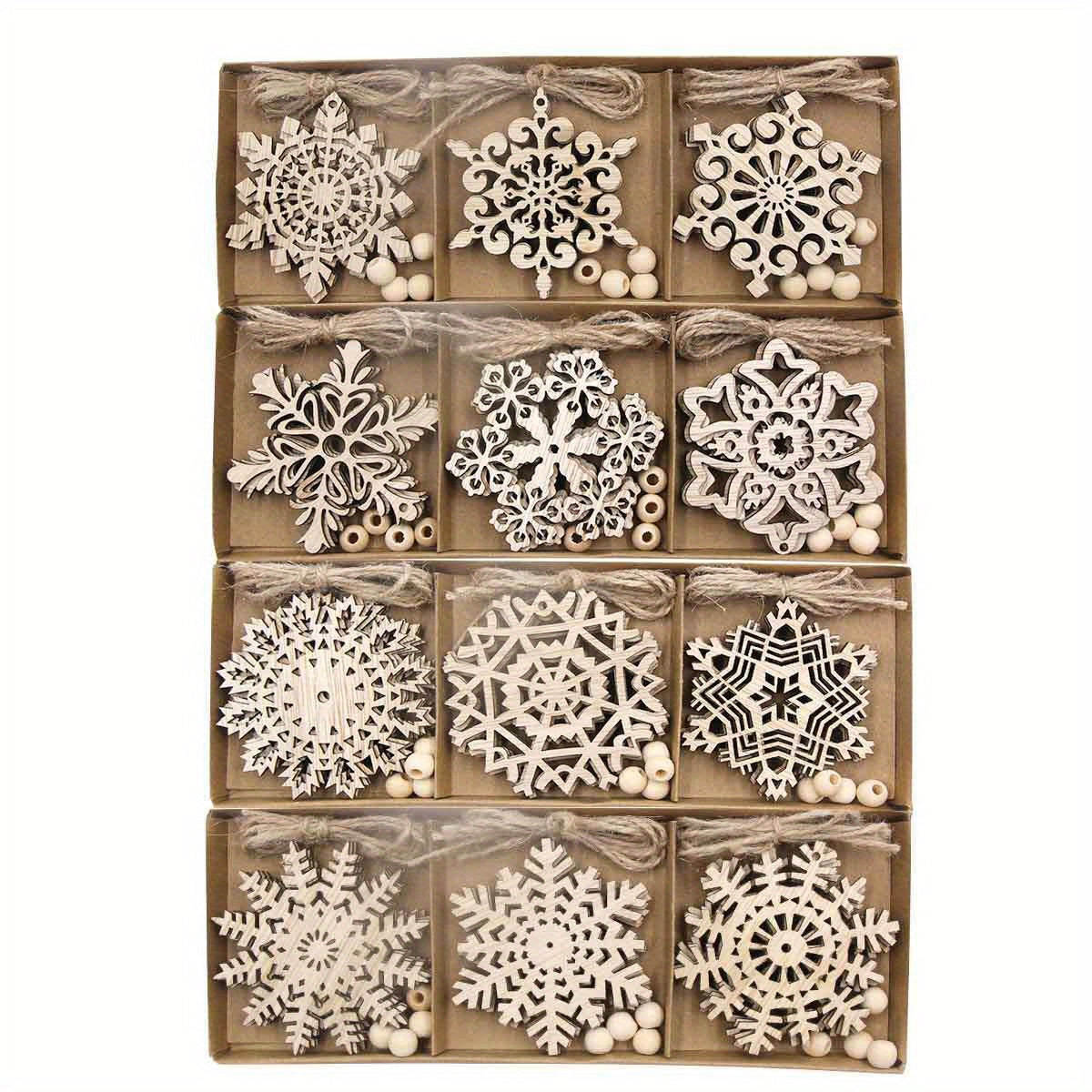 12 Vintage Wooden Snowflake Ornaments for Christmas Tree Decoration Holiday Home Decor
