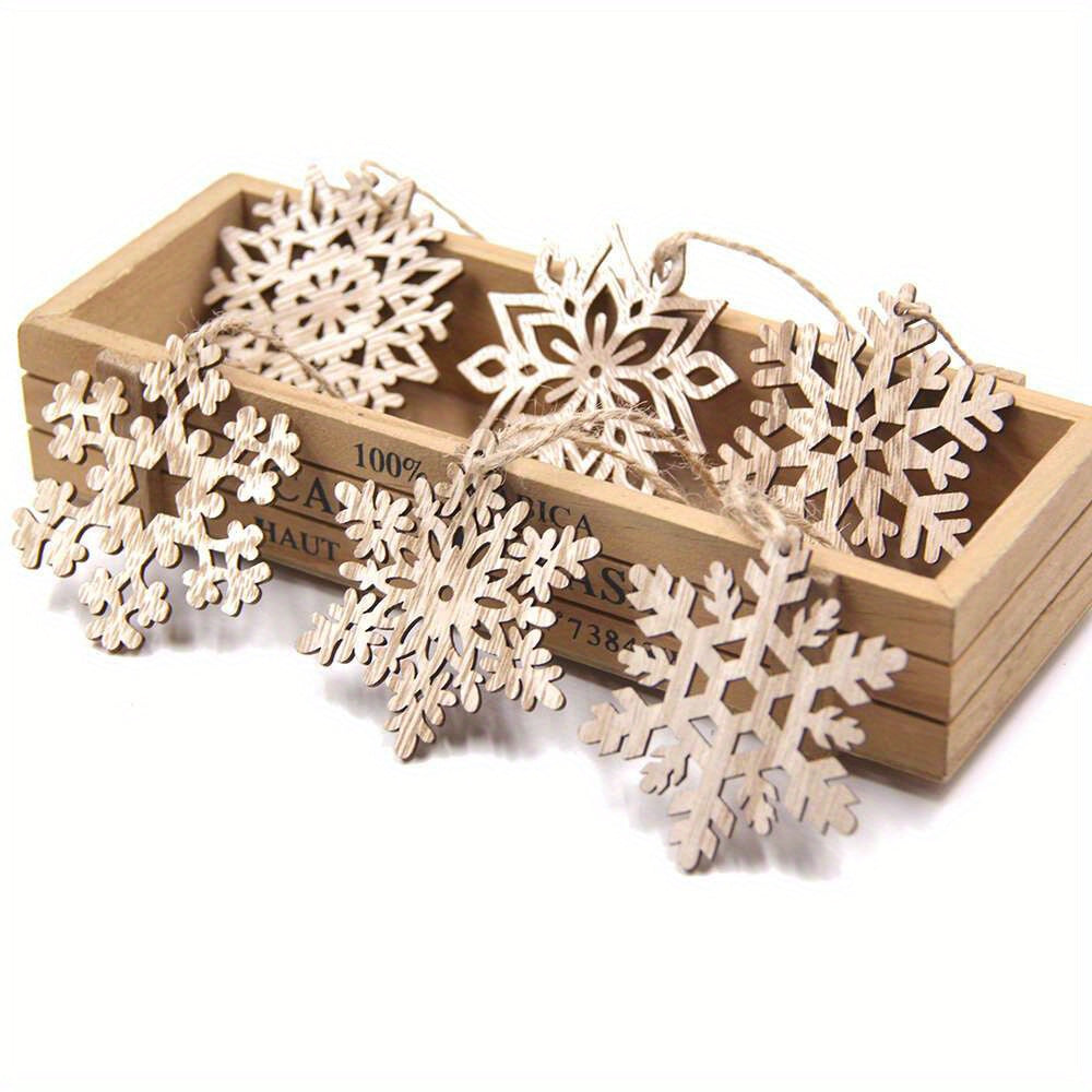 12 Vintage Wooden Snowflake Ornaments for Christmas Tree Decoration Holiday Home Decor
