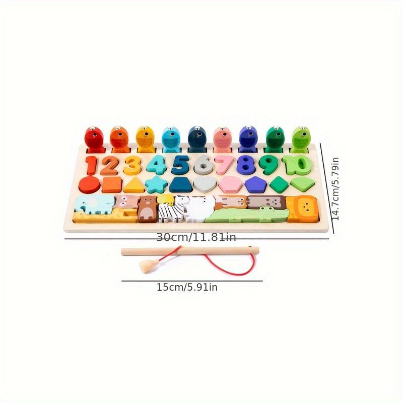 4-in-1 Wooden Learning Activity Set for Kids Ages 0+ Shape Number Recognition Fishing Animal Assembly