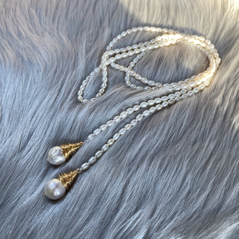 Women’s Boho Style Freshwater Baroque Pearl Necklace with Double Pendant