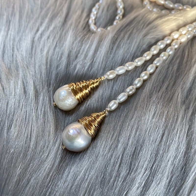 Women’s Boho Style Freshwater Baroque Pearl Necklace with Double Pendant