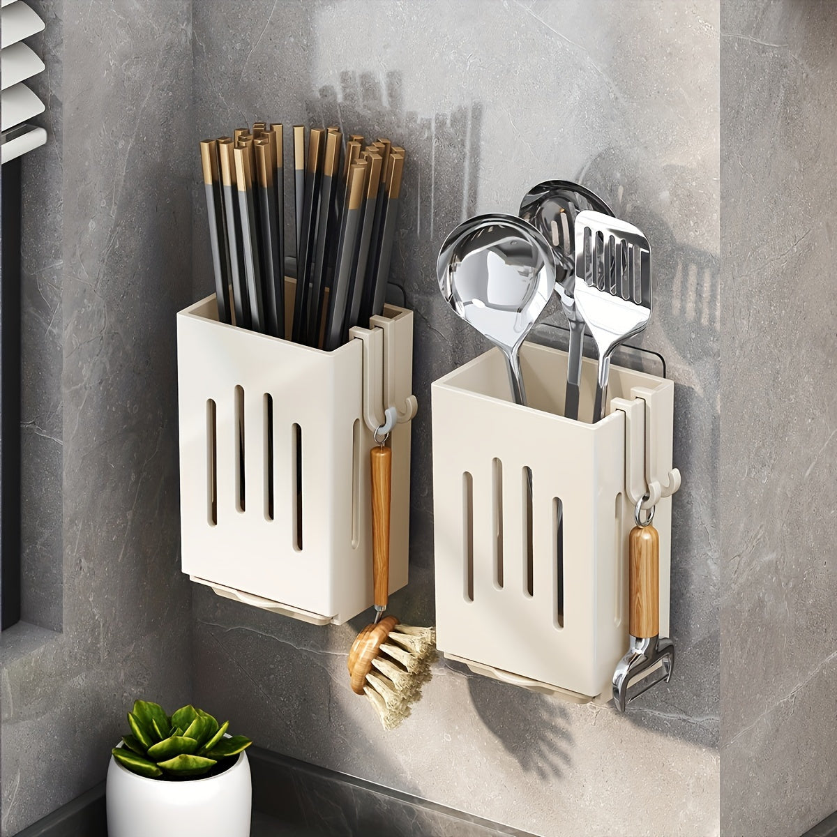 2pcs Kitchen Organizer Plastic Utensil and Flatware Holder Wall-Mount or Freestanding