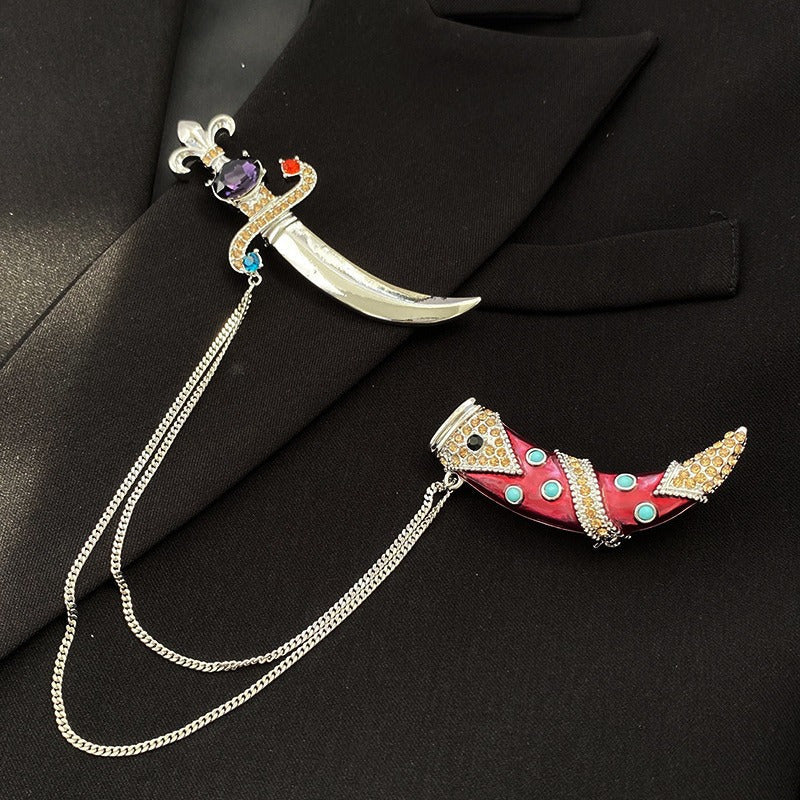 Vintage Crystal Dagger Brooches with Drip Oil Finish and Pine Buckles