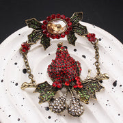 Vintage Rhinestone Parrot Brooch with Holly Accents and Irregular Shape