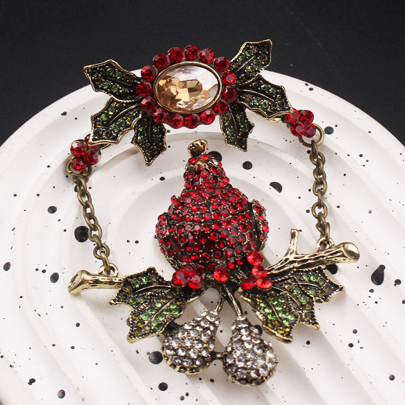 Vintage Rhinestone Parrot Brooch with Holly Accents and Irregular Shape