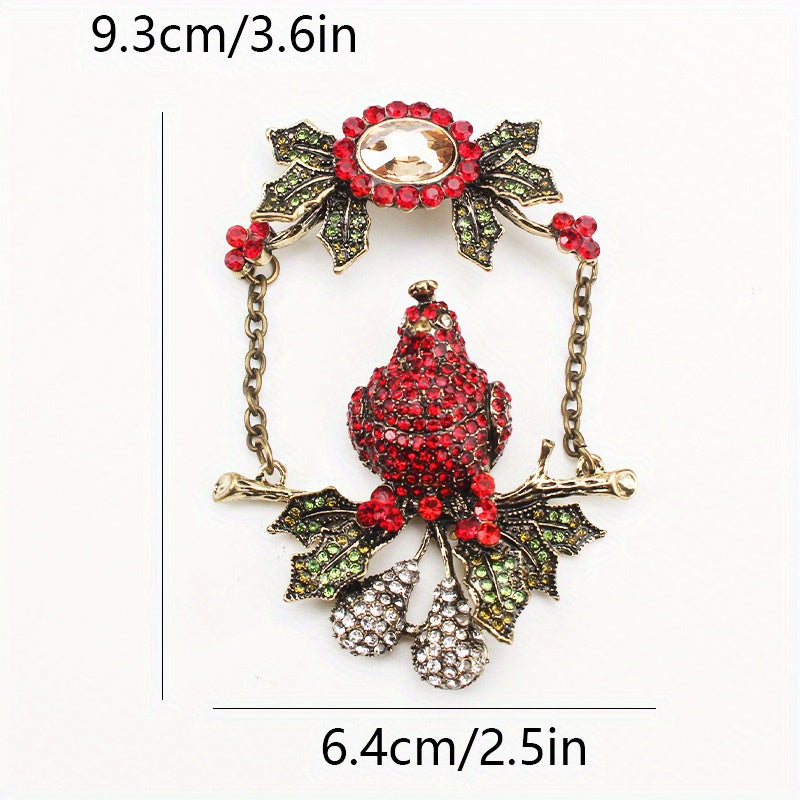 Vintage Rhinestone Parrot Brooch with Holly Accents and Irregular Shape