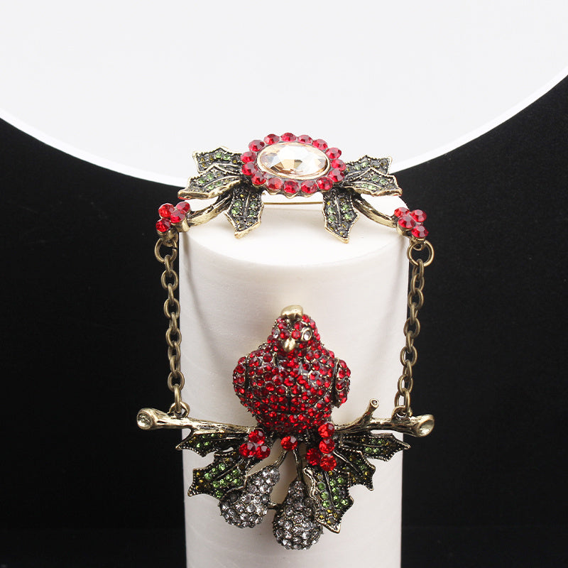 Vintage Rhinestone Parrot Brooch with Holly Accents and Irregular Shape